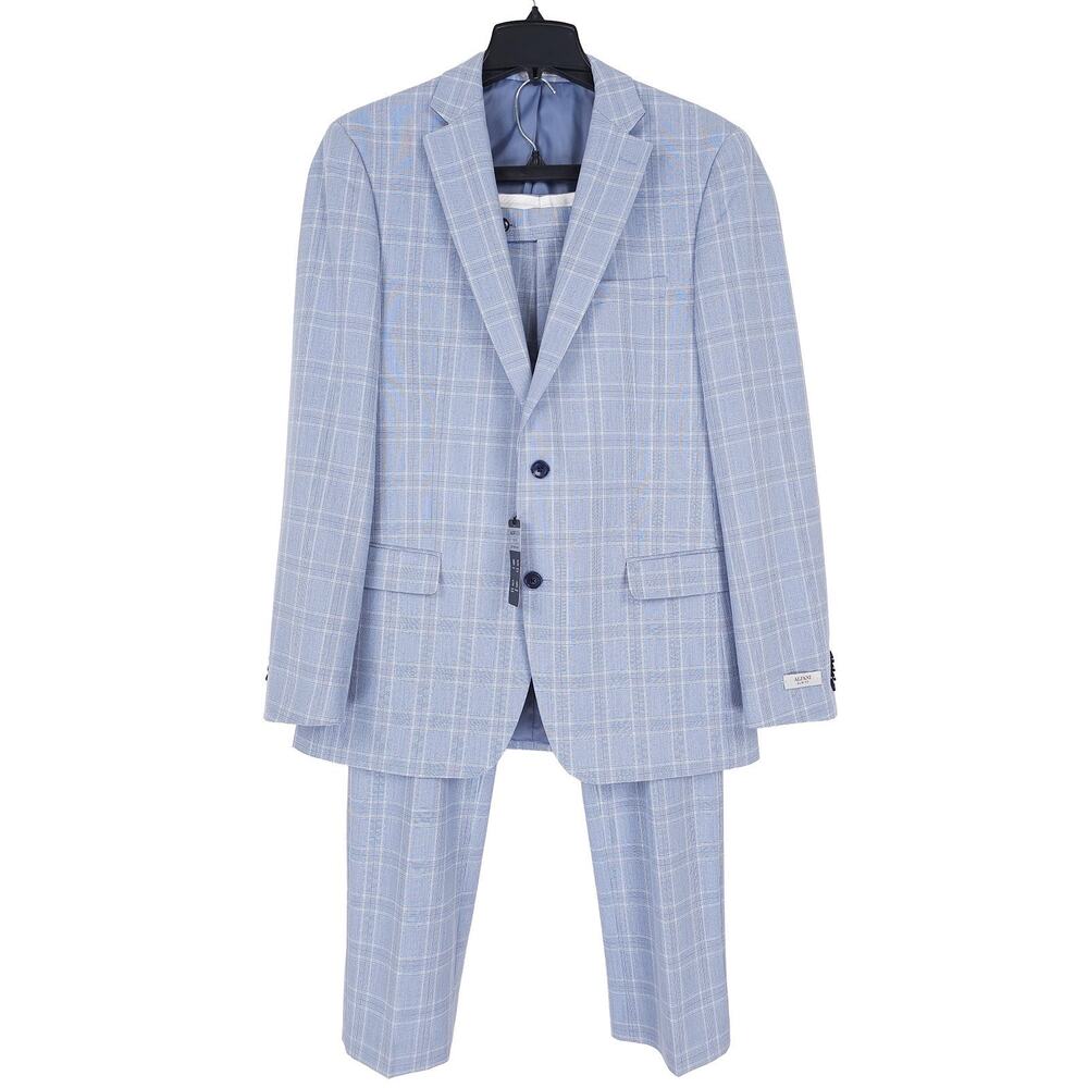 Alfani Mens Slim Fit 2 Piece Suit 40L 30x30 Blue Plaid AlfaTech Stretch NWT